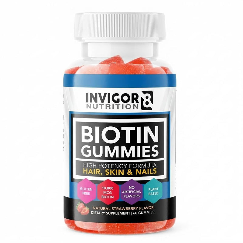 INVIGOR8 Biotin Gummies 10000mcg | Hair Skin Nails Vitamins Biotin Supplement for Women Men & Kids 5000mcg x2 | Vegan Kosher Halal | Strawberry Flavor | 60