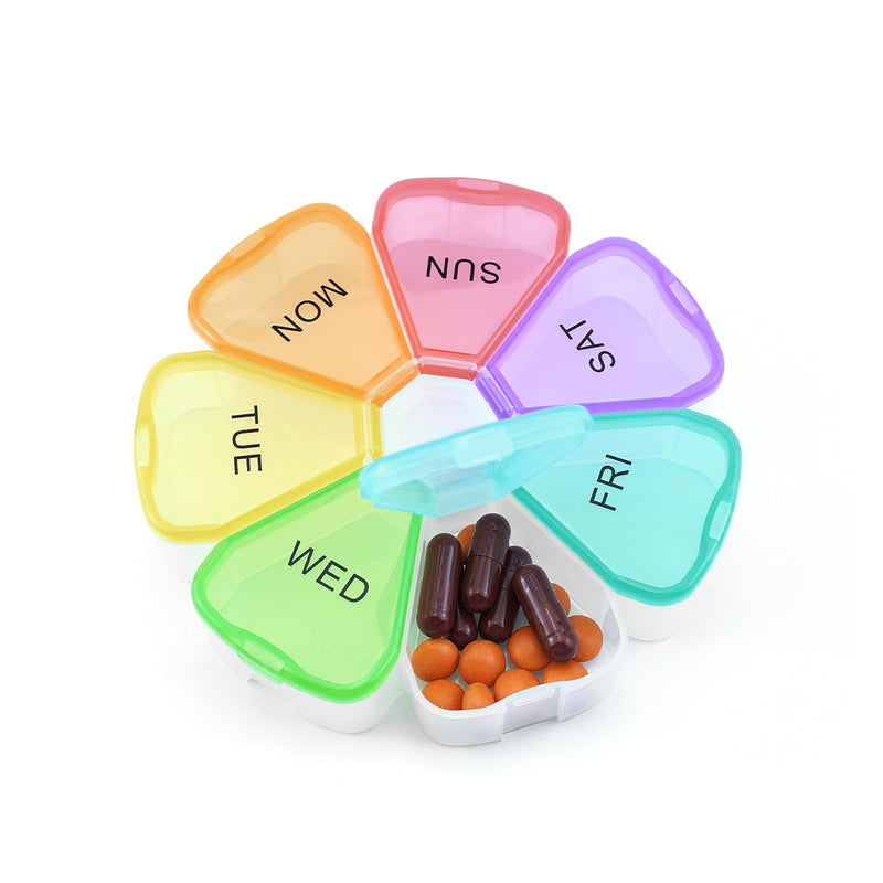 Quacc Weekly Pill Organizer Travel Pill Case, Sturdy Medcine Holder Rainbow | Portable Round Pill Container Box, Easy to Open and Fill, Large Compartments for Vitamin Fish Oil Pill Medication Supplement