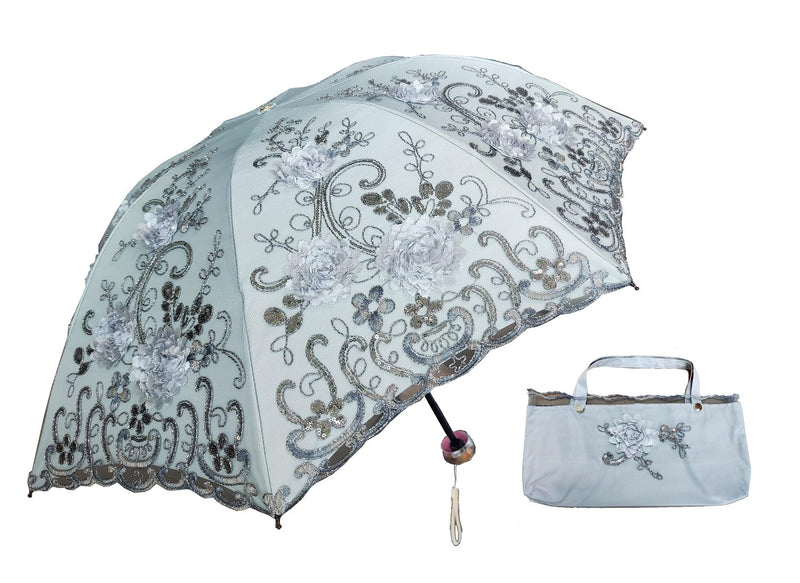 Foldable Lace Parasol Travel Sun Rain Umbrella Compact Anti UV Resistance Princess Sun Umbrella for Women & Girls 3D-Grey