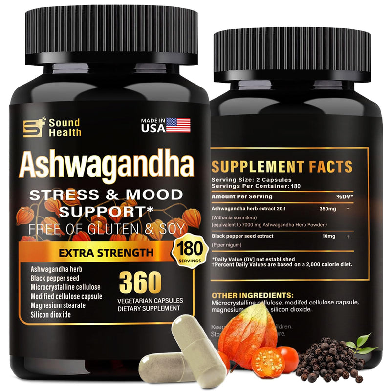 [Australia] - SoundHealth Organic Ashwagandha Capsules Supplement - 7000mg Herb Powder Equivalent per Serving - Immune Support, Hormone Balance - Enhanced Nutrient Absorption - 360 Capsules (180 Servings) 1 Count (Pack of 360) 