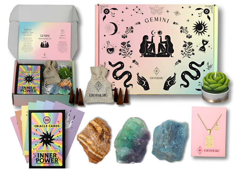 ESOTHERIC Zodiac Gifts for Women- Birthday Gifts Box Set with Crystals, Oracle Card Deck, Zodiac and Constellation Necklace, Succulent Candle, Incense Cones, Horoscope and Crystal Guide- Gemini