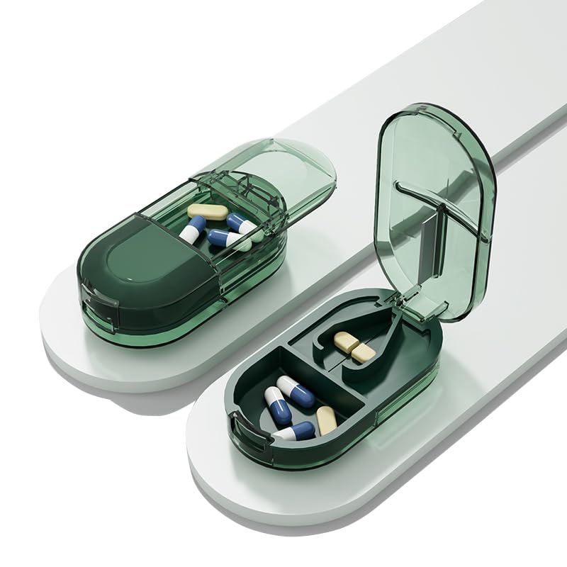 Travel Pill Organizer Cutter Box, 2 Compartments Tablet Splitter | Daily Pill Case, Small Vitamin Planner Sorter for Pocket Purse, Mini Medicine Supplement Fish Oil Capsule, Transparent Green Grey