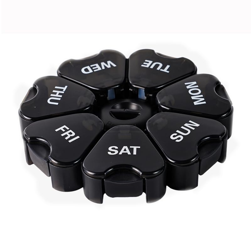 Weekly Pill Organizer, 7 Day Pill Box Daily Reminder Vitamins Case | Portable Large Capacity Compartments, Travel Pill Container for Fish Oil, Medicine Supplement, Medication, Tablet, Capsule w/ Spring open Translucent Black