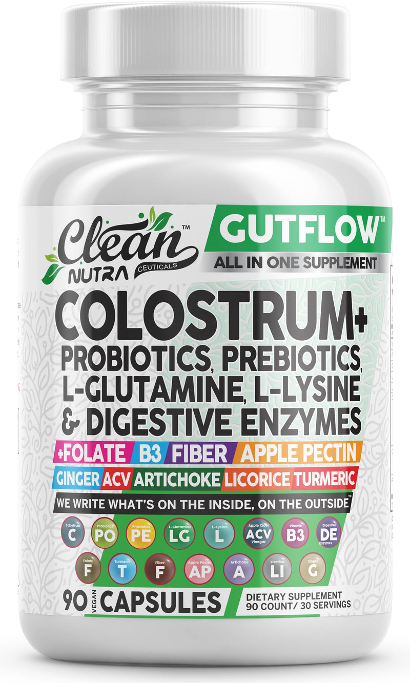 [Australia] - Clean Nutraceuticals Colostrum Supplement Capsules Probiotics Pills Prebiotics, L-Glutamine, Digestive Enzymes, Folate, Fiber, ACV, Turmeric, Apple Pectin and Turmeric Pills 