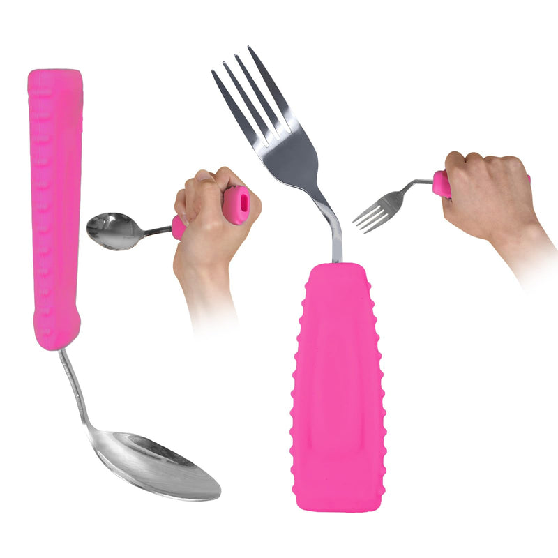 [Australia] - Adaptive Weighted Utensils Set – Spoon and Fork for Hand Tremors, Parkinson’s, Elderly, and Arthritis – Adaptive Eating Utensils for Weak Grip and Limited Mobility Right Hand - 1 Set Pink Front Tilted Spoon and Fork 