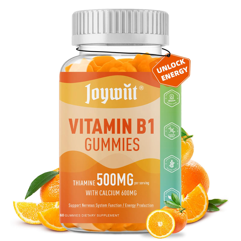 Vitamin B1 Gummies 500mg | Chewable Thiamine B1 Supplement for Adults, with 600mg Calcium Citrate, Support Nervous System, Vegan, Natural Orange Flavor 60 Count (Pack of 1)