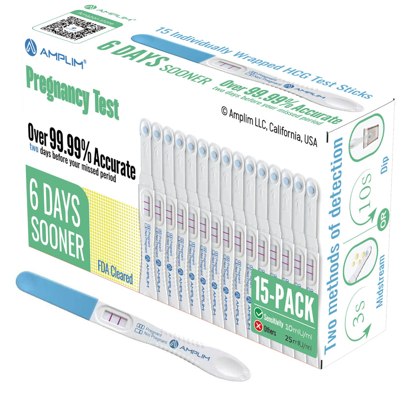 [Australia] - Amplim Early Detection Pregnancy Test, 15 Ct Early Result Pregnancy Tests, Bulk Pack, Ultra Sensitive Low 10mIU/mL HCG, 99.99% Accurate Pregnant Results, Midstream or Dip 1 Count (Pack of 15) 