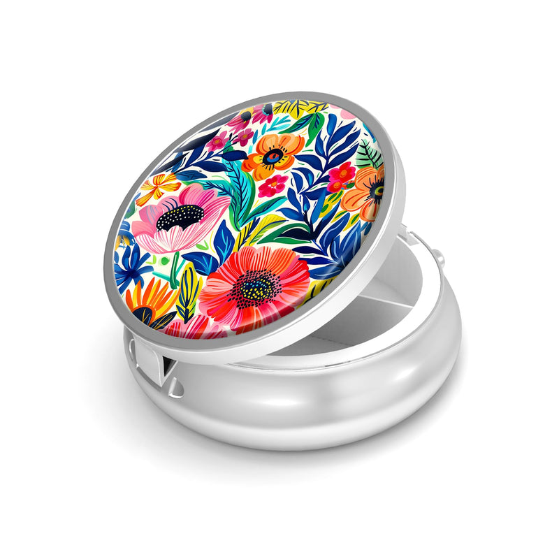 Pill Box-3 Compartment Small Pill Case for Purse & Pocket Mini Metal Pill Holder Travel Pill Container to Hold Supplements Vitamins BPA-Free (Garden Flower) Garden Flower