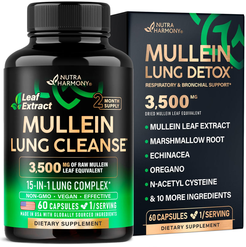 [Australia] - Mullein Leaf Extract for Lung Detox - Marshmallow Root | Echinacea | Oregano | Quercetin | NAC - 15-in-1 Lung Support & Cleanse for Smokers Supplement - Made in USA - As Drops, Tincture - 60 Capsules 60 Count (Pack of 1) 