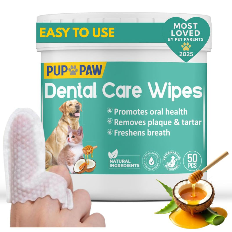 [Australia] - Premium Dog Teeth Cleaning Wipes - All Natural Dog Toothbrush & Tooth Brushing Kit - Pet Dental Finger Wipes for Cats & Dogs - Freshens Breath, Reduces Tartar & Plaque - All in one Finger Wipes (50) 