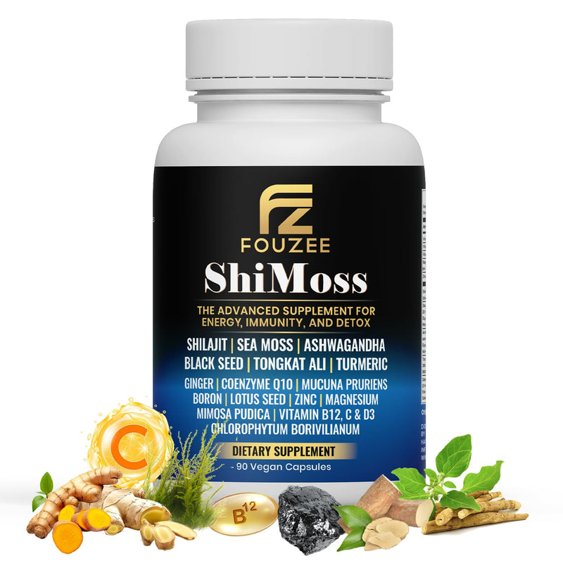 ShiMoss Supplement w/Shilajit 1000mg, Sea Moss 7000mg, Ashwagandha 9000mg, Tongkat Ali 90000 mg, Vitamin C, B12, Boron, Turmeric, Ginger - Immunity Dietary Capsule for Men & Women - 90 Count