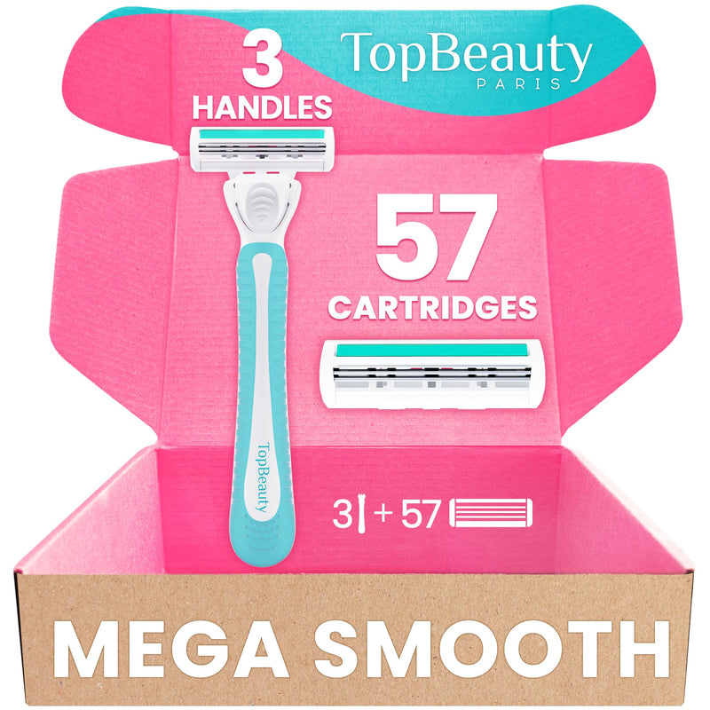 [Australia] - Paris Slim Razors for Women - Manual Razor with Refills (3 Handles + 57 Replaceable Cartridges) - 3-Blades Technology - Beautiful Price - Bikini Razor - Soft Shave & Loving Care 3 Handles + 57 Refills 