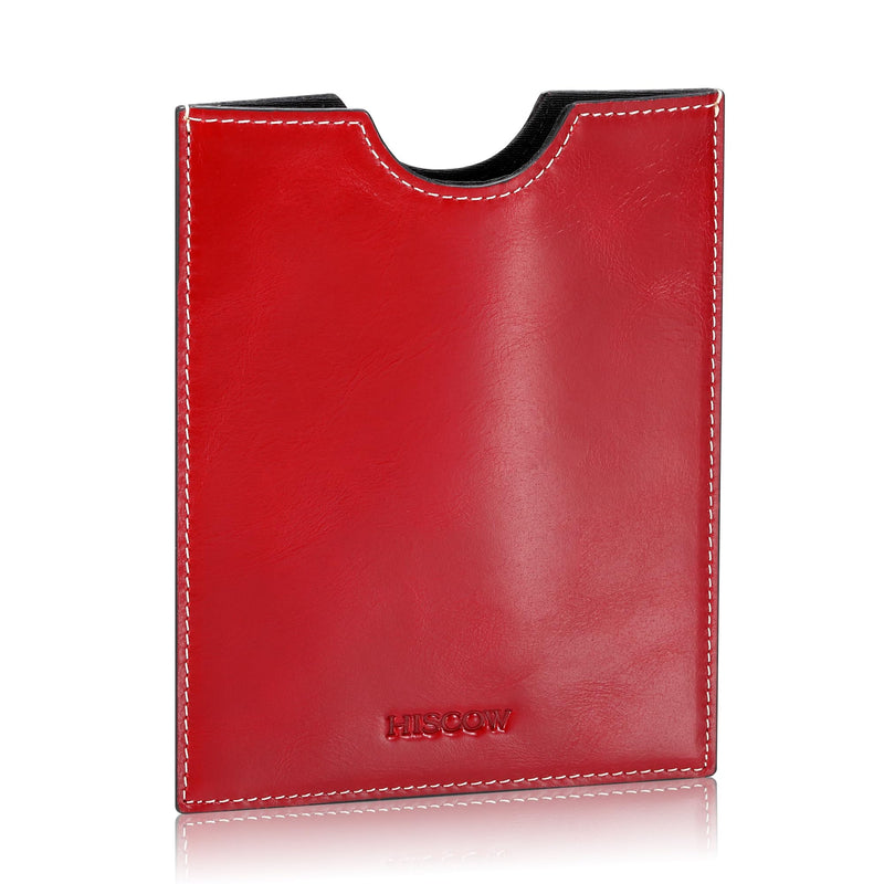 HISCOW Minimalist Leather Passport Sleeve, Slim Holder, Antiqued Red | Full grain cowhide, quick-access U-notch, RFID blocking cover, soft smooth lining, international travel essentials