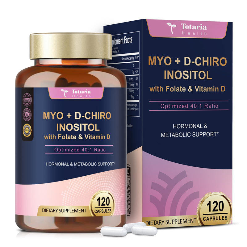 Totaria Myo-Inositol & D-Chiro Inositol Supplement Capules 3075mg, Plus Multivitamin Vitamin D3, Folate, Ideal 40:1 Ratio - Hormonal Balance for Women & Ovarian* Support | Vegan, Non GMO - 120 Caps 120 Count (Pack of 1)