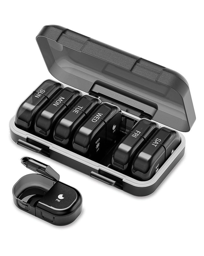 ONTERATE Weekly Pill Organizer 2 Times a Day, AM PM Pill Organizer 7 Days, Portable Pill Case 14 Days, Moisture Proof Large Pill Dispenser, Large Travel Pill Box for Vitamins Supplements (Black) Black