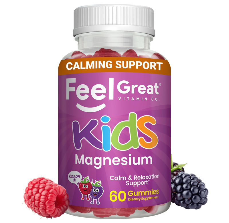 Feel Great Kids Magnesium Citrate Gummies, Calm Support, 60 Count | Magnesium Citrate for Calm Support, Natural Berry Flavor, Ages 4+, Kids Gummy