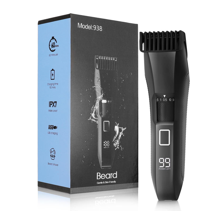 [Australia] - Men's Beard Trimmer, 20 Length Adjustable, IPX7 Waterproof Cordless Hair Clipper, Stainless Steel T-Blade for Precision Facial Hair Trimming for Men, LED Display(Black) Black 