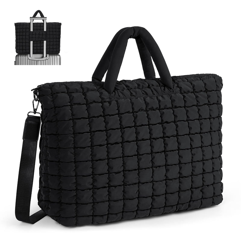 Quilted Duffle Bag for Travel, Large Puffer Duffel Weekender Bags Soft Gym Tote, Big Puffy Carry on Luggage Overnight Black