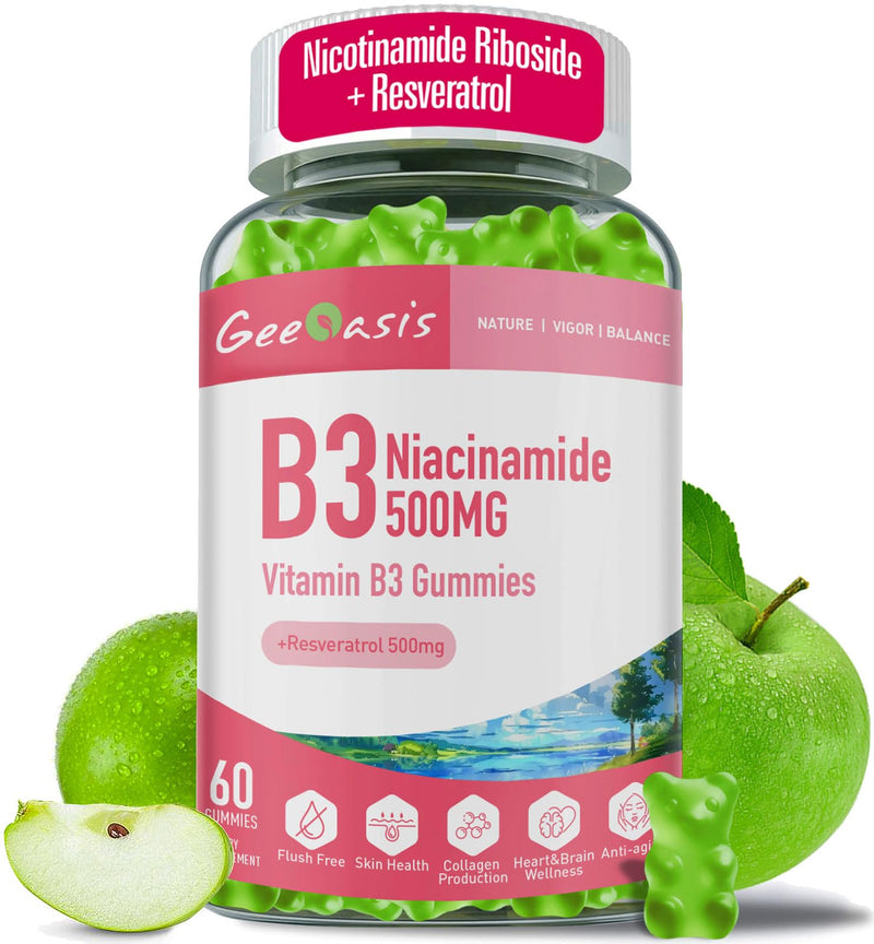 Niacinamide 500mg Gummies, with Resveratrol 500mg, 60 Count | Chewable Vitamin B3 Supplement, High Potency Niacin for Antioxidant, Skin & Brain Health, Immune Support, Vegan Apple Flavor