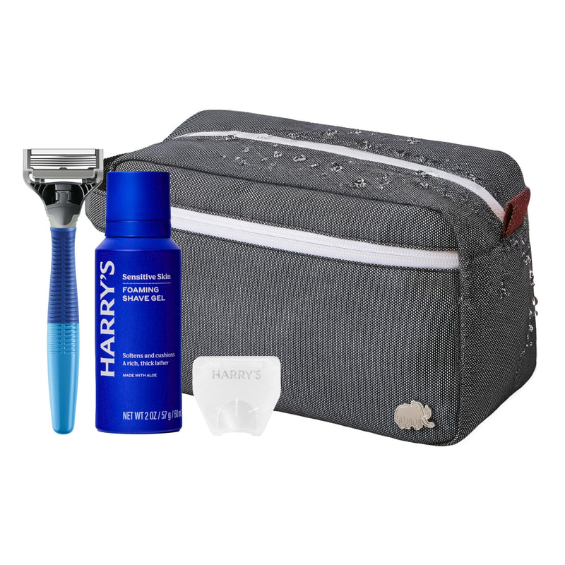 Harry's Travel Shaving Kit for Men - Toiletry Bag, Razor, Foaming Shave Gel, and Blade Cover -Travel Size Toiletries Shave Kit + Toiletry Bag Grey