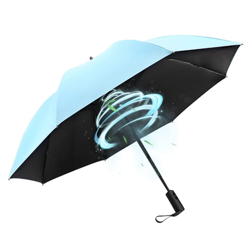 WOOLALA UV Sun & Rain Umbrella with Built-in Cooling Fan, Portable Foldable Design, UPF 50+ Protection, USB Rechargeable for Sports Games, Theme Parks on Hot Days Blue Outside