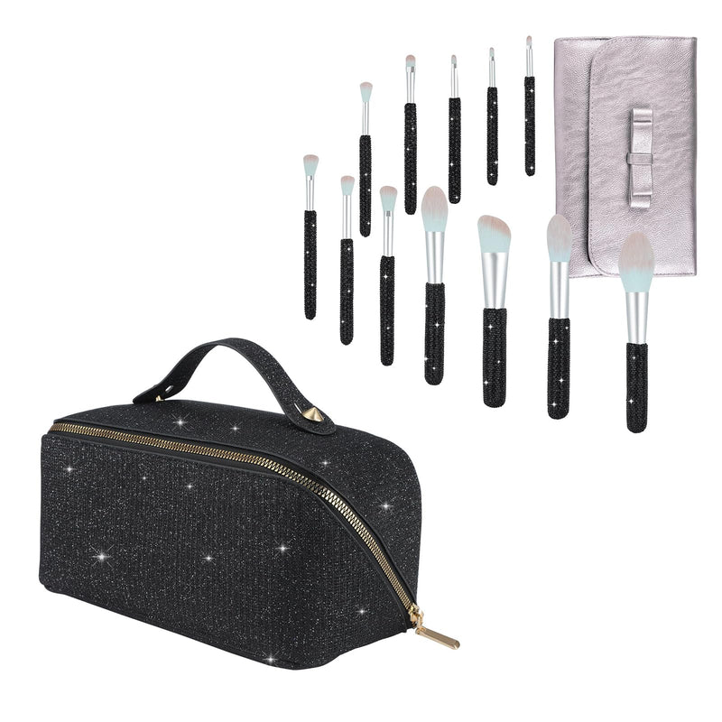 KEYPOWER Large Capacity Glitter Sequin Cosmetic Bag Black & 12PCS Makeup Brushes Bling Crystal Black