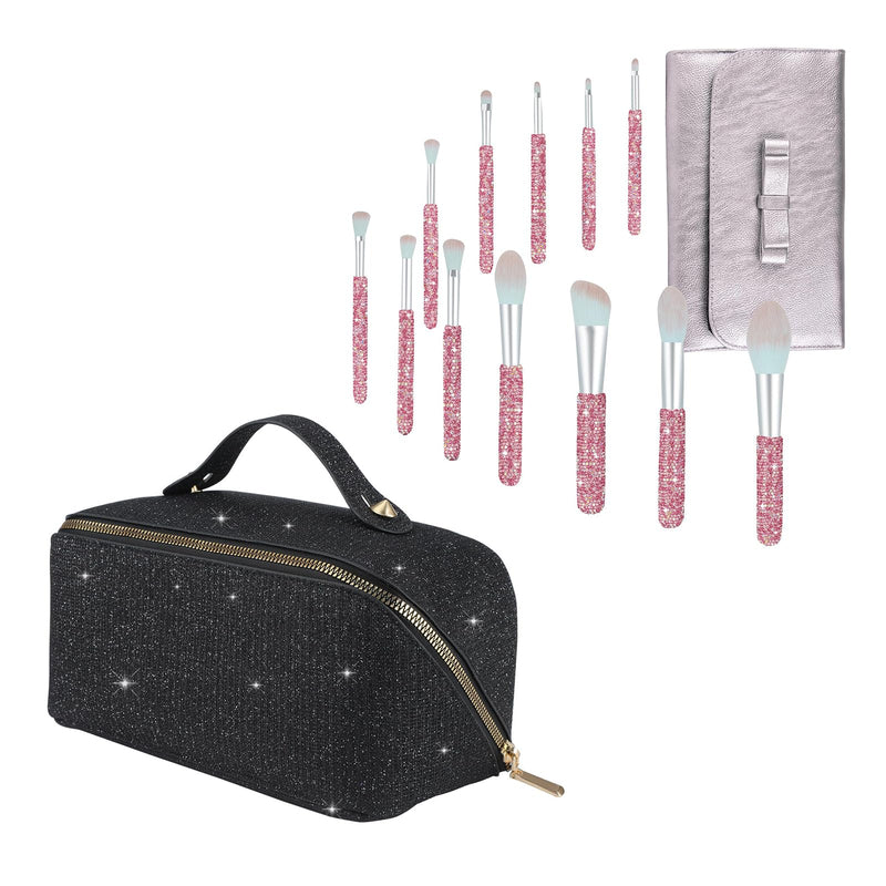 KEYPOWER Large Capacity Glitter Sequin Cosmetic Bag Black & 12PCS Makeup Brushes Bling Crystal Pink