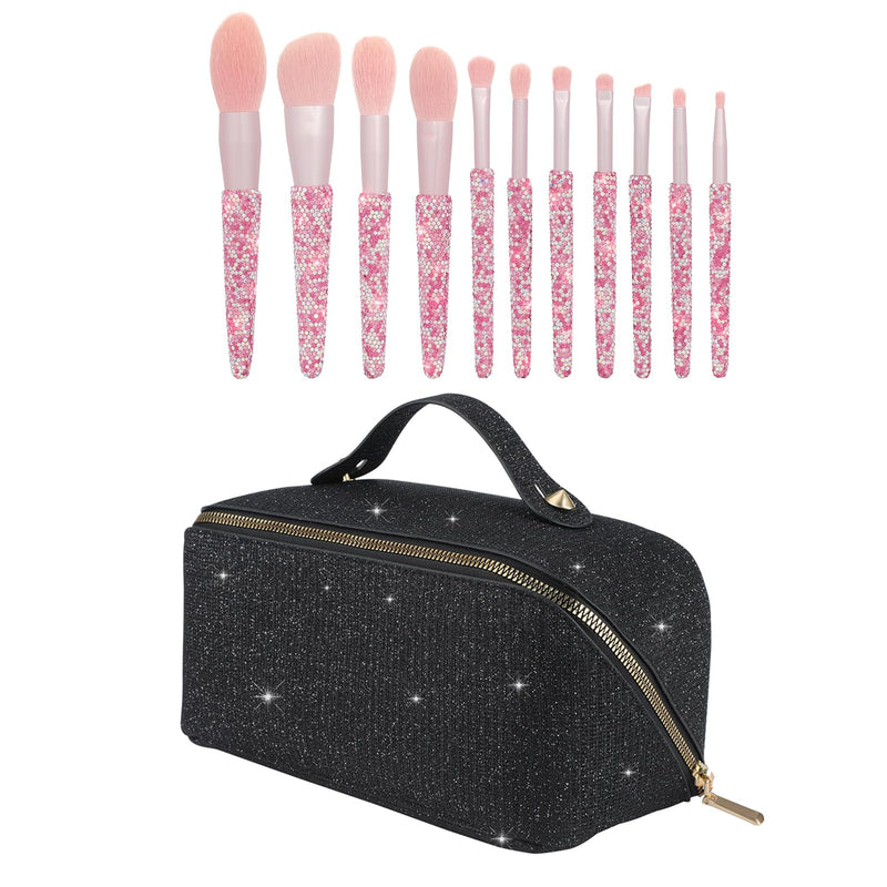 KEYPOWER Large Capacity Glitter Sequin Cosmetic Bag Black & 11PCS Makeup Brushes Bling Crystal AB Pink