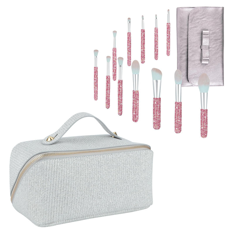KEYPOWER Large Capacity Glitter Sequin Cosmetic Bag Apricot & 12PCS Makeup Brushes Bling Crystal Pink