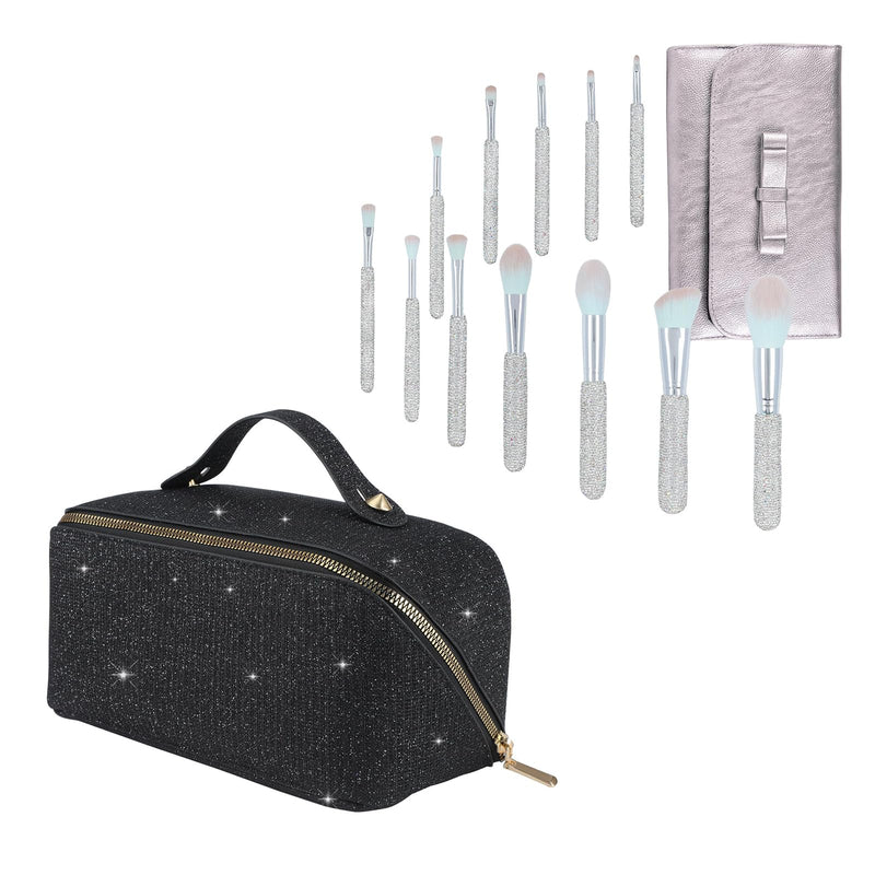 KEYPOWER Large Capacity Glitter Sequin Cosmetic Bag Black & 12PCS Makeup Brushes Bling Crystal White