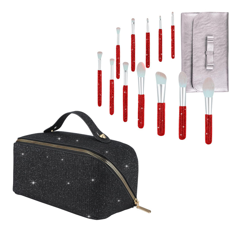 KEYPOWER Large Capacity Glitter Sequin Cosmetic Bag Black & 12PCS Makeup Brushes Bling Crystal Red