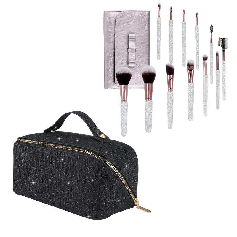 KEYPOWER Large Capacity Glitter Sequin Cosmetic Bag Black & 12PCS Makeup Brushes Bling Rhinestone White
