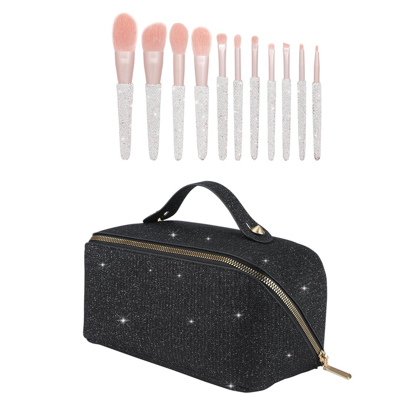 KEYPOWER Large Capacity Glitter Sequin Cosmetic Bag Black & 11PCS Makeup Brushes Bling Crystal White
