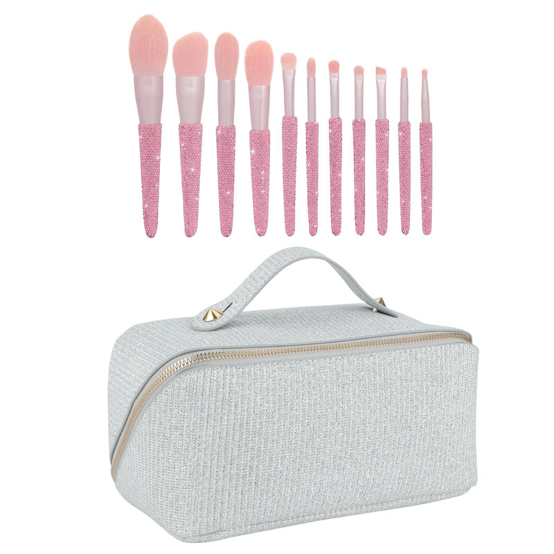 KEYPOWER Large Capacity Glitter Sequin Cosmetic Bag Silver & 11PCS Makeup Brushes Bling Crystal Pink