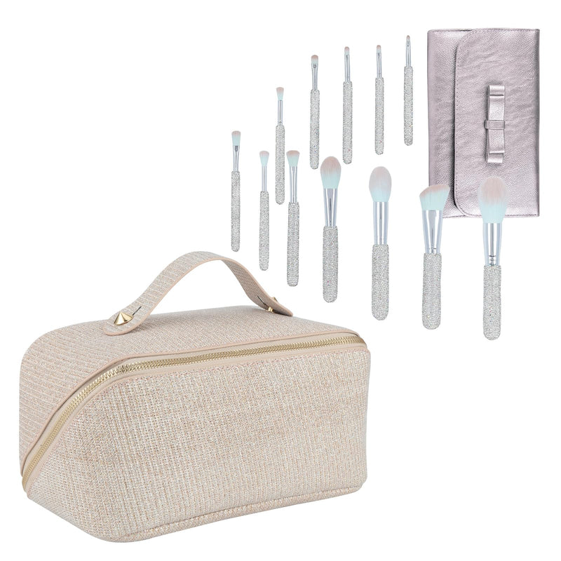 KEYPOWER Large Capacity Glitter Sequin Cosmetic Bag Apricot & 12PCS Makeup Brushes Bling Crystal White