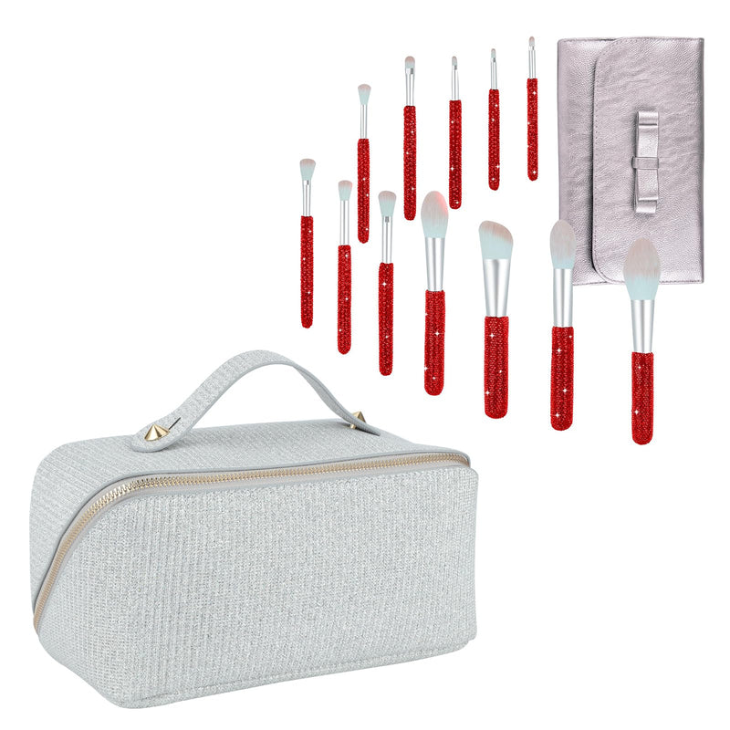 KEYPOWER Large Capacity Glitter Sequin Cosmetic Bag Silver & 12PCS Makeup Brushes Bling Crystal Red
