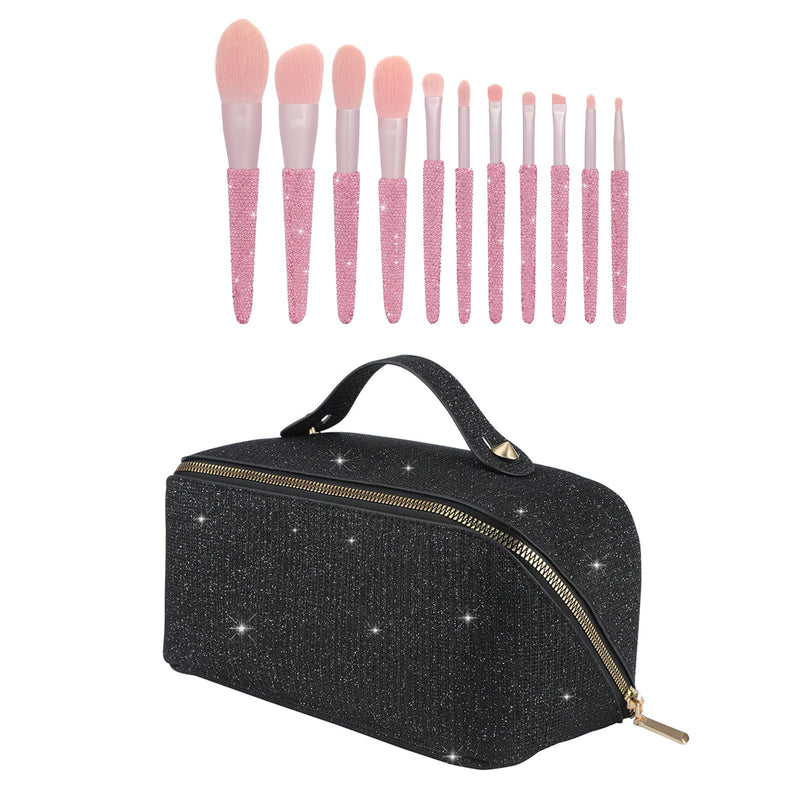 KEYPOWER Large Capacity Glitter Sequin Cosmetic Bag Black & 11PCS Makeup Brushes Bling Crystal Pink