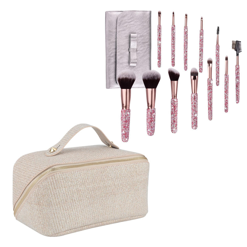 KEYPOWER Large Capacity Glitter Sequin Cosmetic Bag Apricot & 12PCS Makeup Brushes Bling Rhinestone Pink