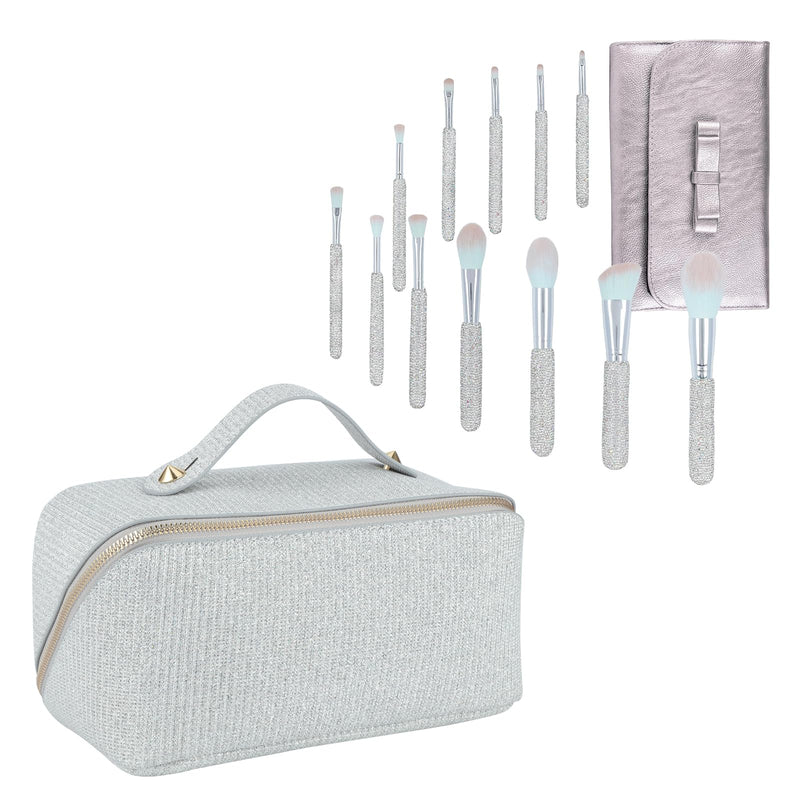 KEYPOWER Large Capacity Glitter Sequin Cosmetic Bag Silver & 12PCS Makeup Brushes Bling Crystal White