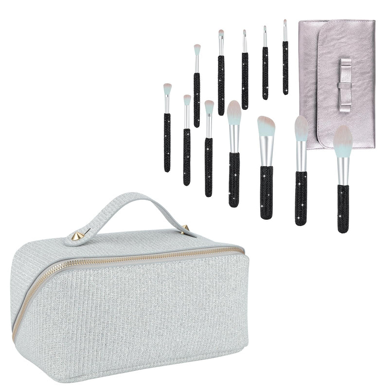 KEYPOWER Large Capacity Glitter Sequin Cosmetic Bag Silver & 12PCS Makeup Brushes Bling Crystal Black
