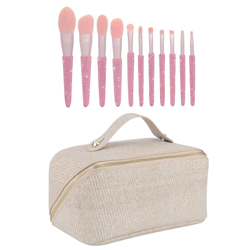KEYPOWER Large Capacity Glitter Sequin Cosmetic Bag Apricot & 11PCS Makeup Brushes Bling Crystal Pink