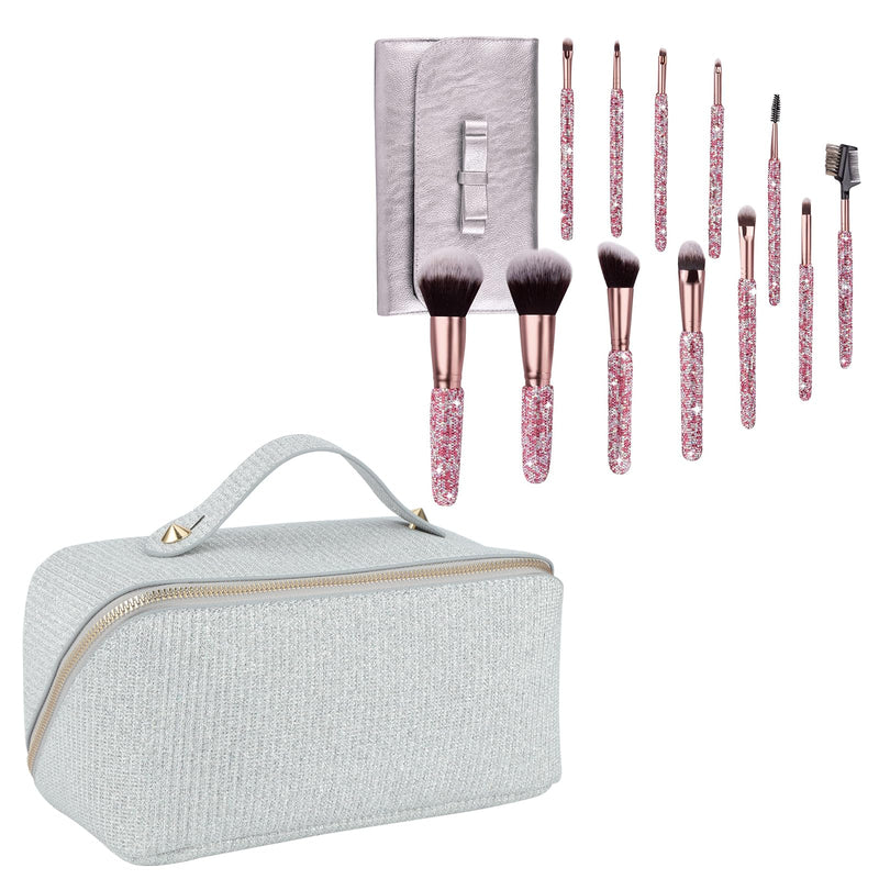 KEYPOWER Large Capacity Glitter Sequin Cosmetic Bag Silver & 12PCS Makeup Brushes Bling Rhinestone Pink