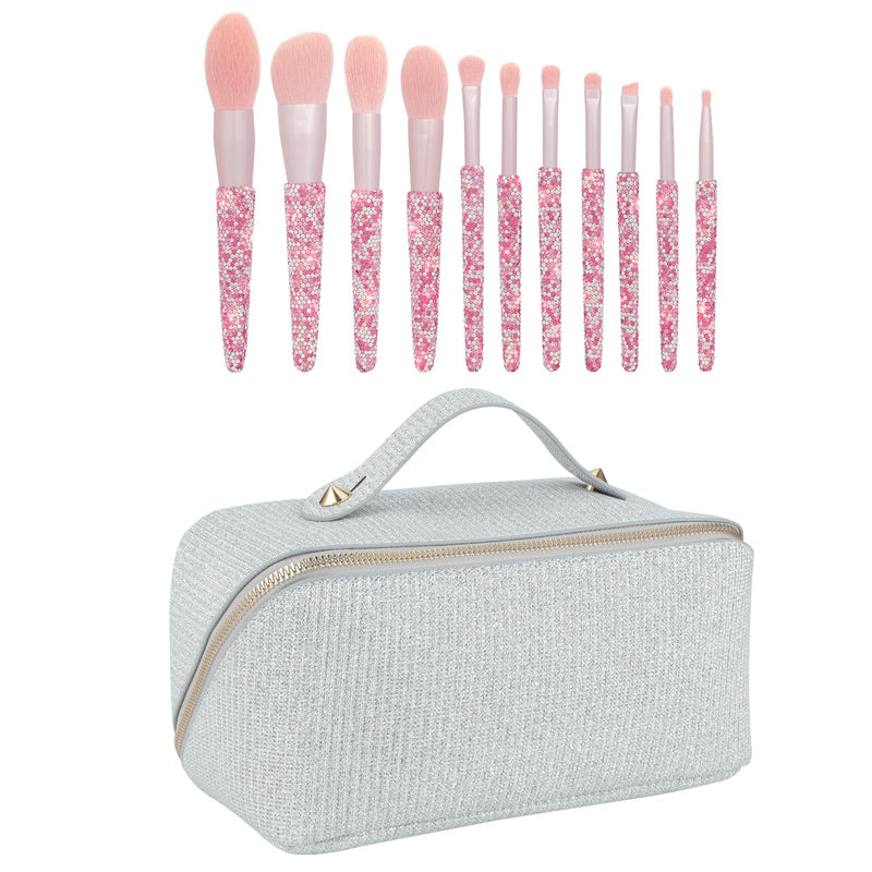 KEYPOWER Large Capacity Glitter Sequin Cosmetic Bag Silver & 11PCS Makeup Brushes Bling Crystal AB Pink