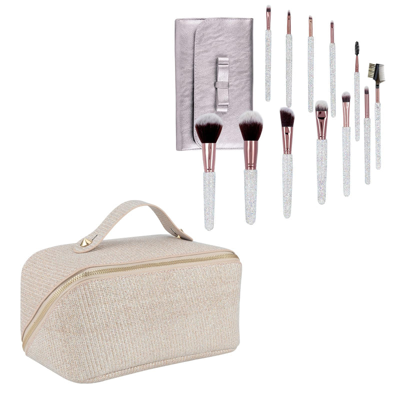 KEYPOWER Large Capacity Glitter Sequin Cosmetic Bag Apricot & 12PCS Makeup Brushes Bling Rhinestone White