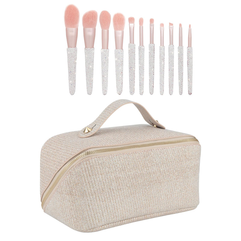 KEYPOWER Large Capacity Glitter Sequin Cosmetic Bag Apricot & 11PCS Makeup Brushes Bling Crystal White