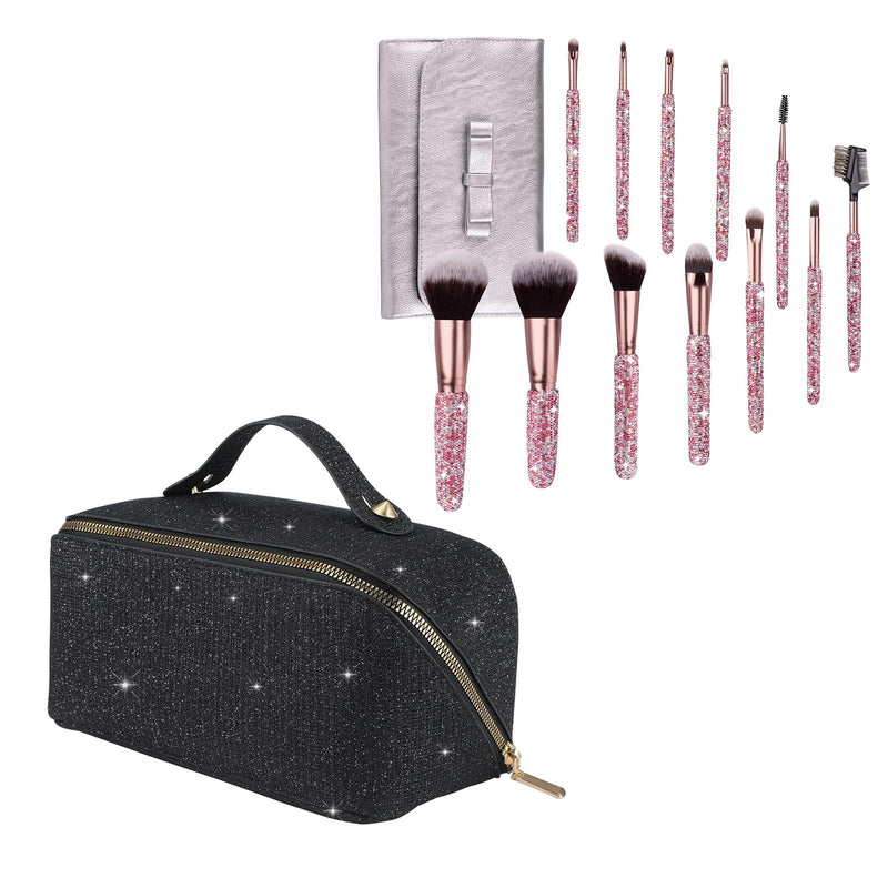 KEYPOWER Large Capacity Glitter Sequin Cosmetic Bag Black & 12PCS Makeup Brushes Bling Rhinestone Pink