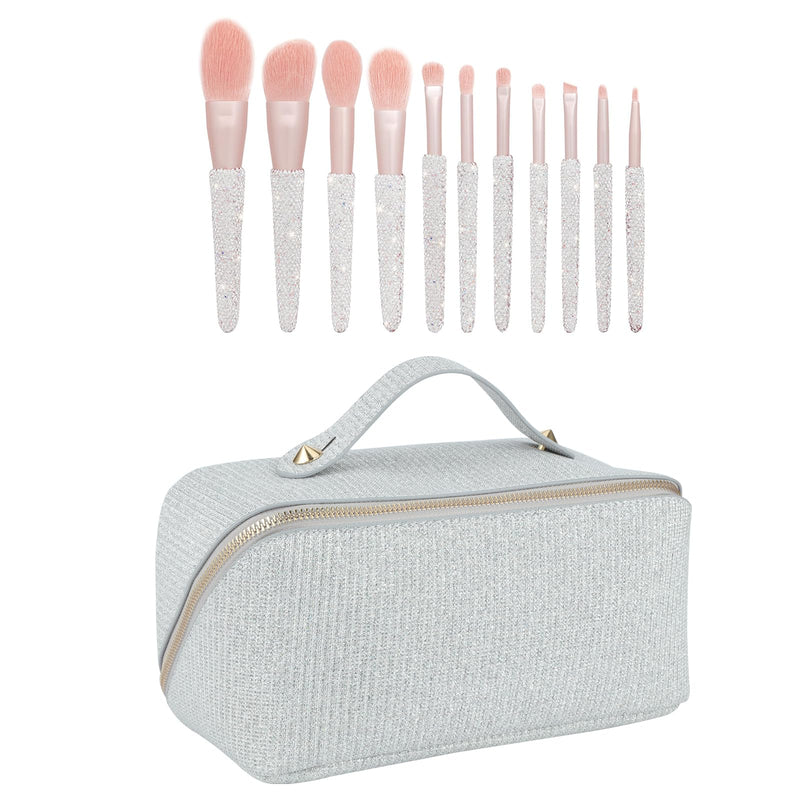 KEYPOWER Large Capacity Glitter Sequin Cosmetic Bag Silver & 11PCS Makeup Brushes Bling Crystal White