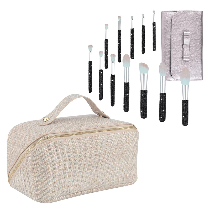 KEYPOWER Large Capacity Glitter Sequin Cosmetic Bag Apricot & 12PCS Makeup Brushes Bling Crystal Black