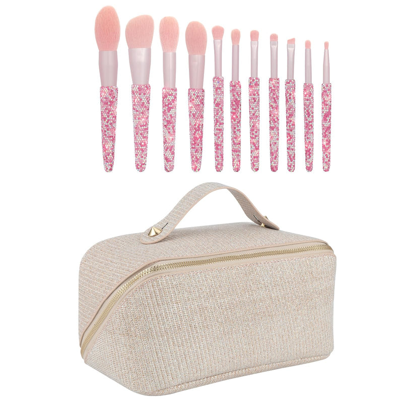 KEYPOWER Large Capacity Glitter Sequin Cosmetic Bag Apricot & 11PCS Makeup Brushes Bling Crystal AB Pink