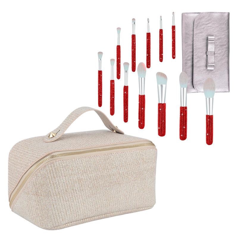 KEYPOWER Large Capacity Glitter Sequin Cosmetic Bag Apricot & 12PCS Makeup Brushes Bling Crystal Red